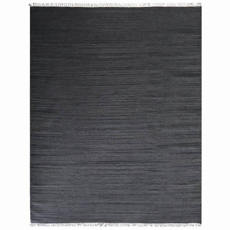 Dark gray wool kilim area rug with flatweave texture and fringe border