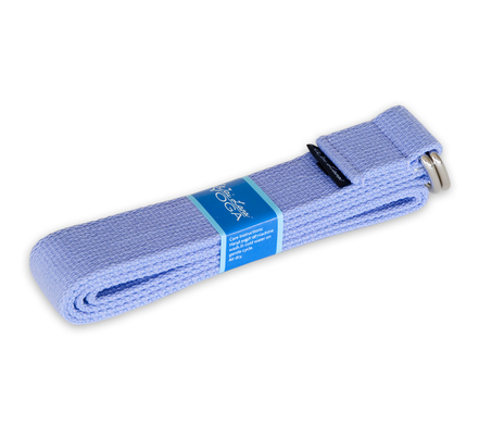 Adjustable blue yoga strap, webbing with black keeper and silver clasp hardware