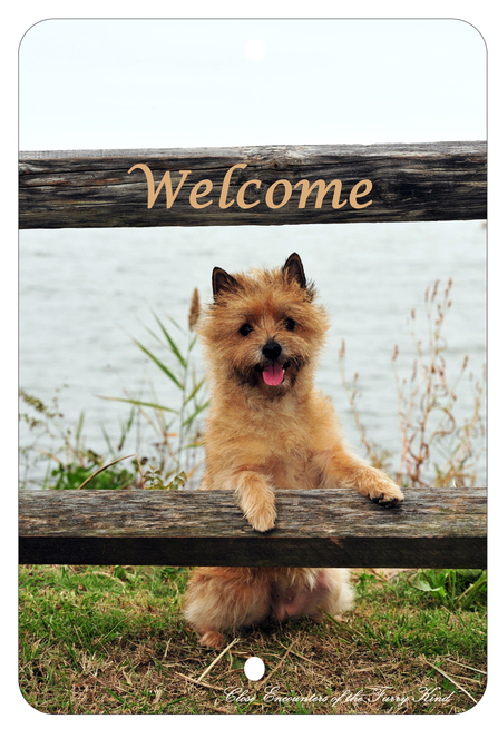 Indoor/outdoor aluminum sign with 'Welcome' and a cairn terrier portrait
