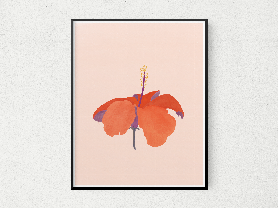 Framed hibiscus flower artwork with orange petals and a yellow-tipped stem on blush background