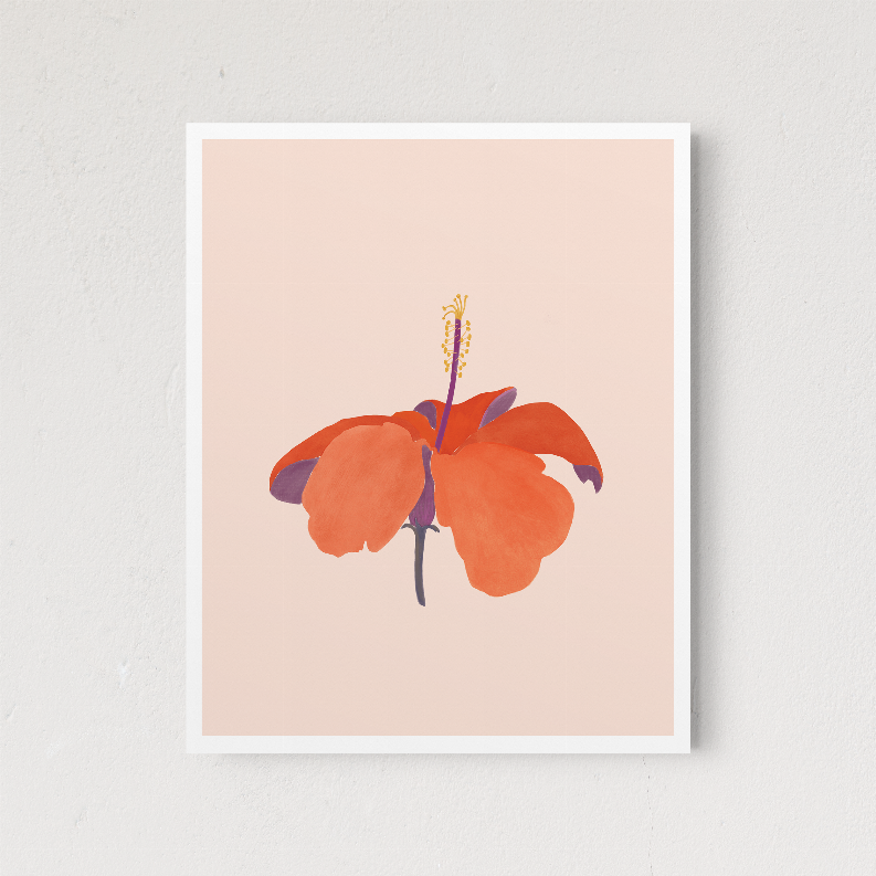 Hibiscus flower print in a light frame, orange petals with a yellow-tipped flower stalk