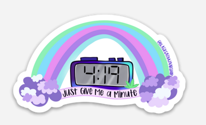 Rainbow arch sticker with clouds and digital timer icon; curved edge text on right