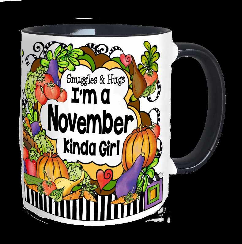 November ceramic mug with colorful autumn illustration and 'I'm a November kinda girl' text