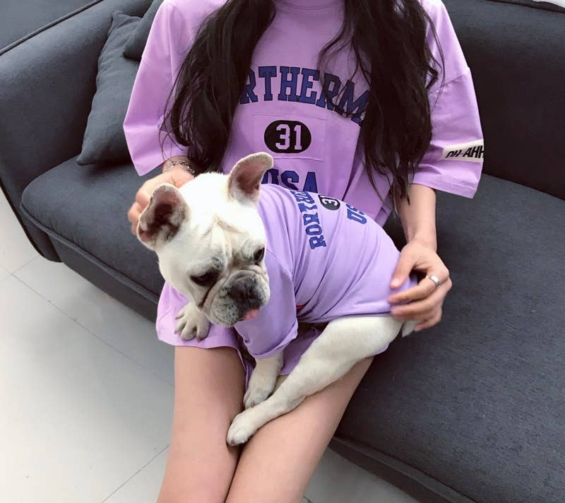 Lilac matching pet-and-owner T-shirt set with '31' graphic on dog and owner