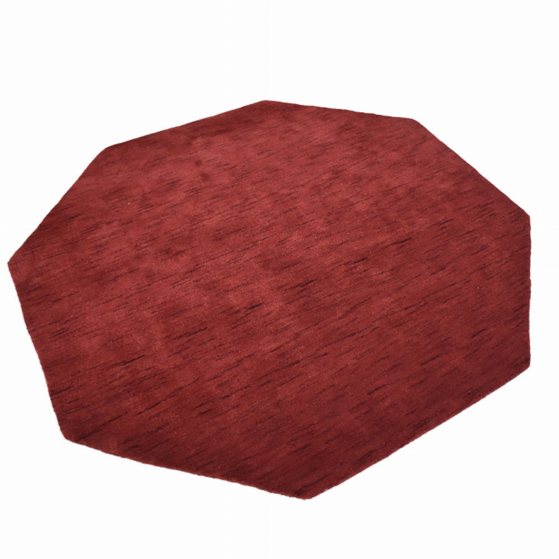 Red octagon area rug with solid face and textured short wool pile
