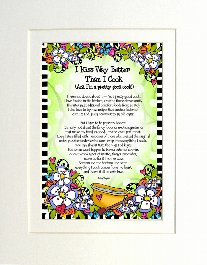 Framed floral print with central quote and bright cartoon flower border on green