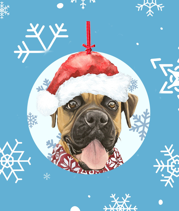 Christmas tree ornament featuring a dog wearing a Santa hat and red patterned scarf