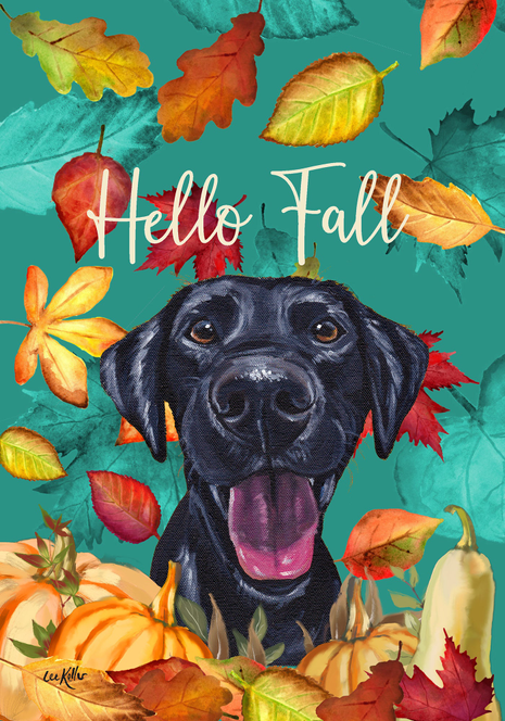 Black Labrador fall garden flag: 'Hello Fall' text with autumn leaves