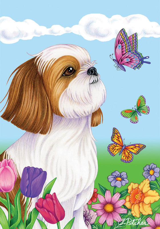 Garden flag featuring brown and white Shih Tzu with colorful butterflies and flowers