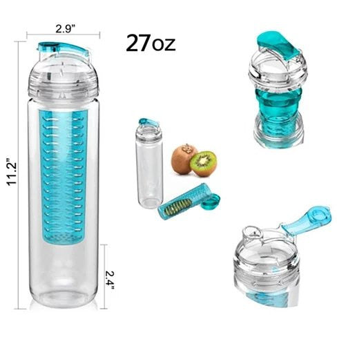 Clear water bottle set with teal dome infuser, spare insert, and fruit pieces.