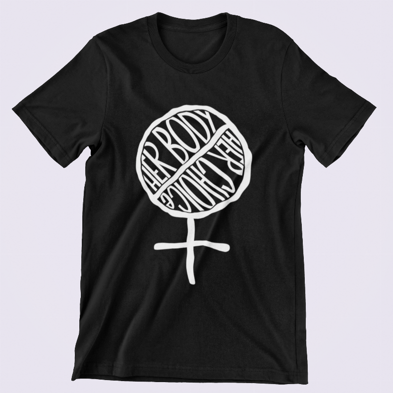 Black crew-neck T-shirt with white circular graphic and cross design centered on chest.