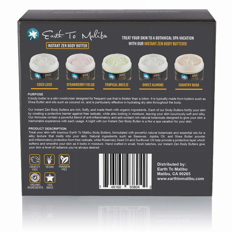 Earth To Malibu Instant Zen Body Butter variety box, back panel with scent details