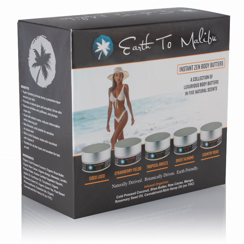 Earth To Malibu Instant Zen Body Butter variety box, side panel view with scent icons