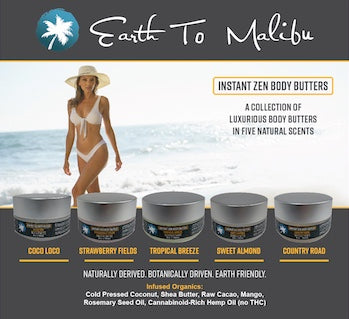 Earth To Malibu Instant Zen Body Butter variety box front with 5 scent options