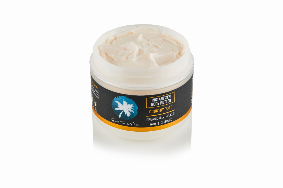 Earth To Malibu Instant Zen Body Butter jar with cream-colored butter, Country Road label