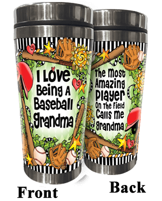 Stainless steel baseball tumbler, Grandma graphic on front; black lid, pair side view