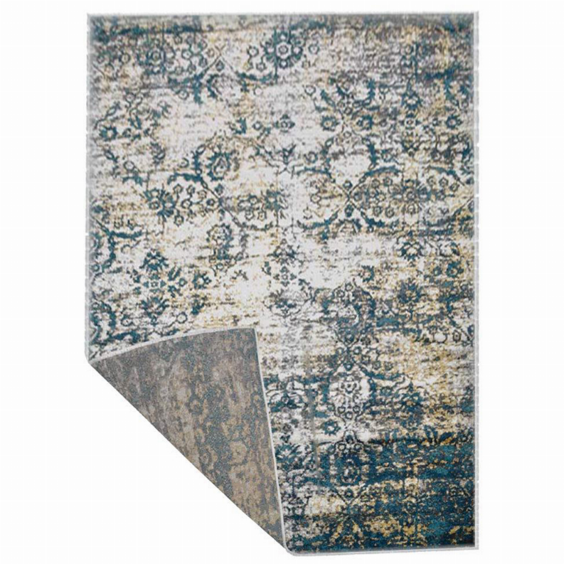 Abstract area rug view with stitched border; teal, blue, and beige pattern with distressed look