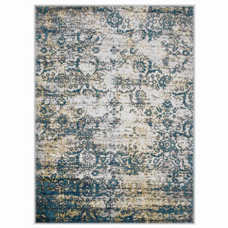 Square abstract rug featuring teal and blue decorative blocks on cream and beige ground