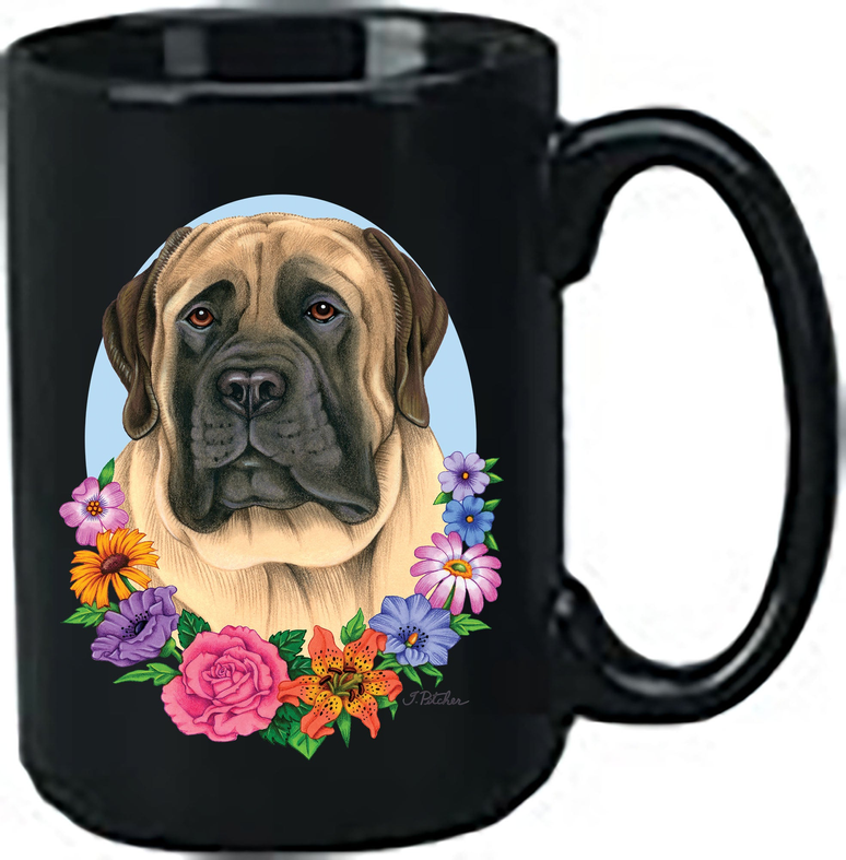 Black ceramic coffee mug with Mastiff fawn dog portrait and colorful floral wreath