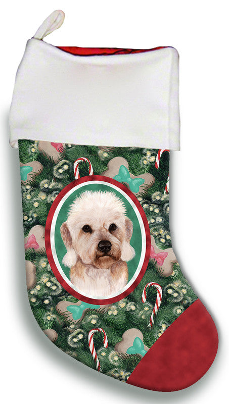 Dog-themed Christmas stocking with Dandi Dinmont terrier portrait, green pattern, red cuff