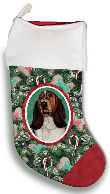 Christmas stocking with white cuff and Basset Hound oval; green holiday pattern with red heel