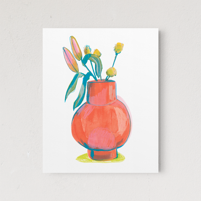 Square unframed floral illustration with a red vase and bright green-yellow flowers.
