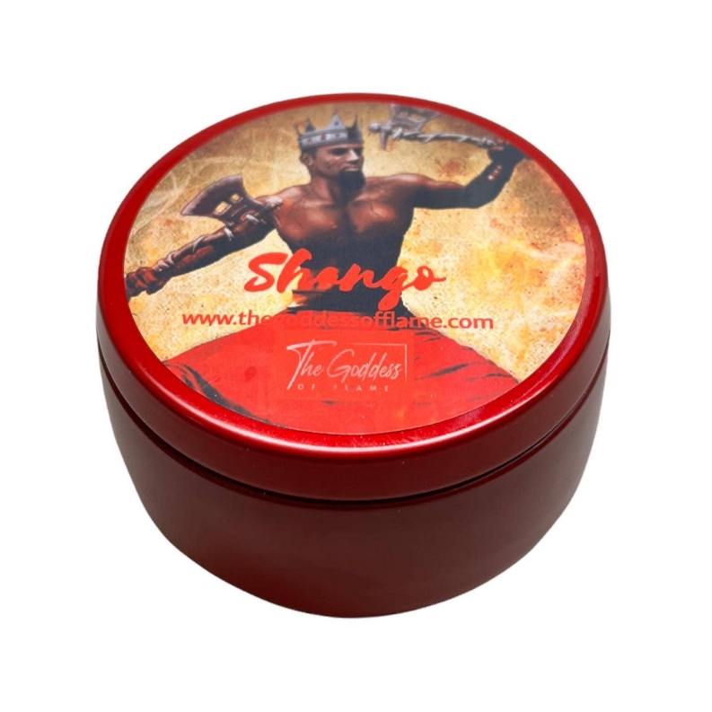 Single round candle tin with red rim; graphic lid with Shango logo