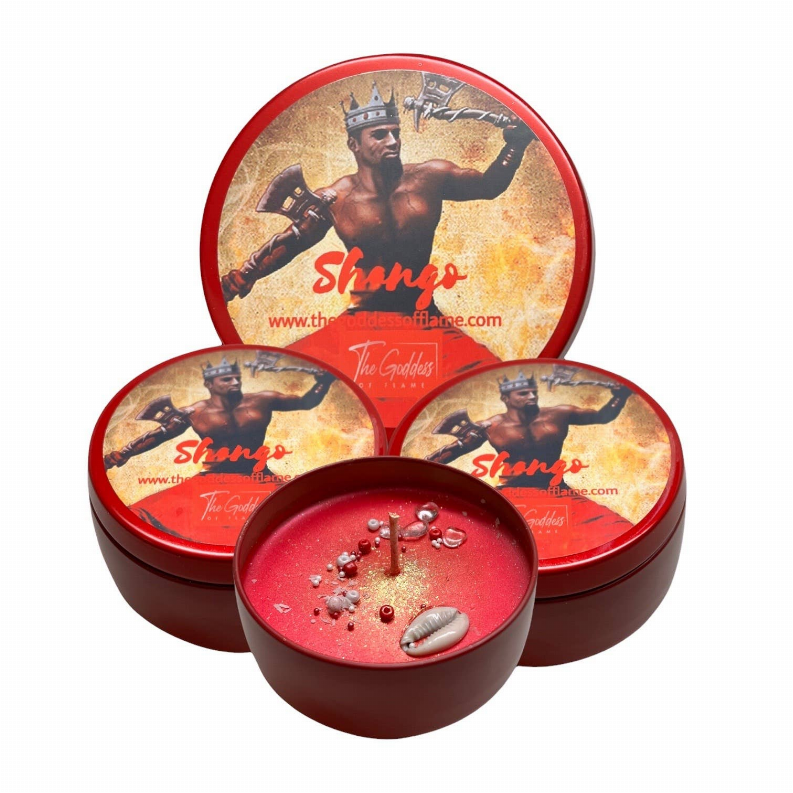 Candle set in three round tins; front tin filled with red wax and wick