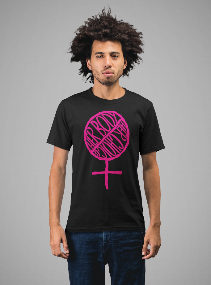 Black crew-neck T-shirt with pink fist and text graphic, worn by model