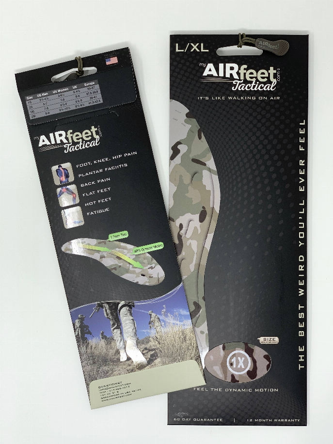 AIRfeet OUTDOOR O2 tactical insoles package, camouflage design with yellow stripe