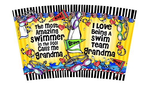 Printed stainless steel tumbler wrap for swim team grandma with swimmer graphics