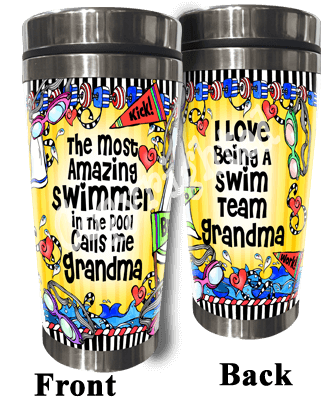 Two stainless steel tumblers with black lids and swim team grandma printed design