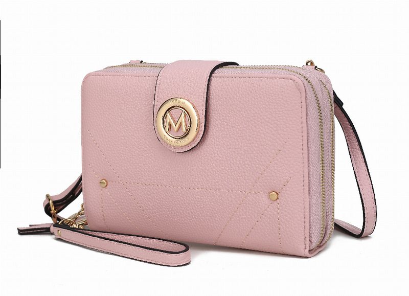 Blush pink zippered phone wallet crossbody with front clasp detail and side zip