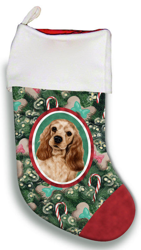Christmas stocking with cocker spaniel portrait, green floral design and red cuff