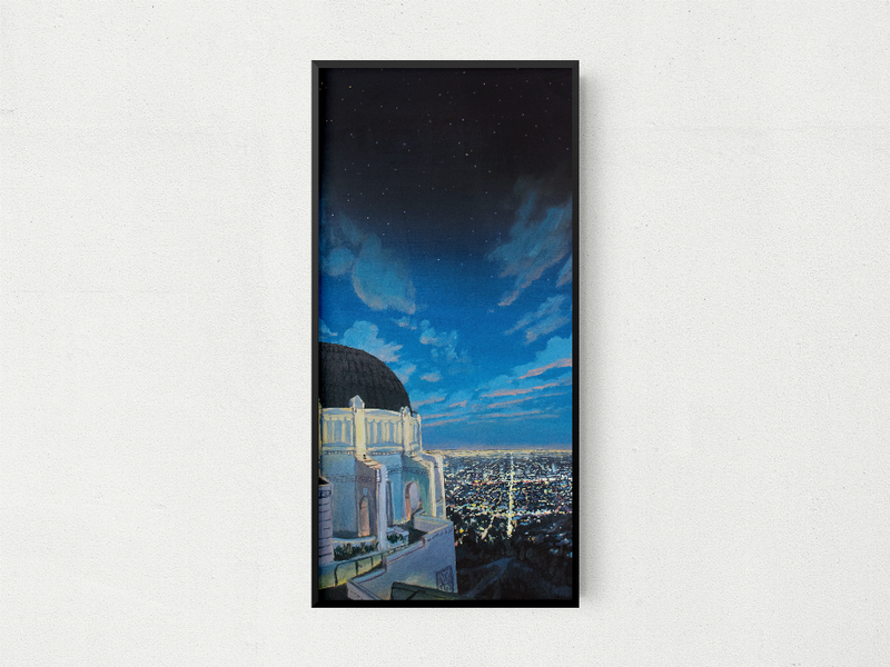Framed wall art of observatory building under stars, blue clouds, and distant city glow