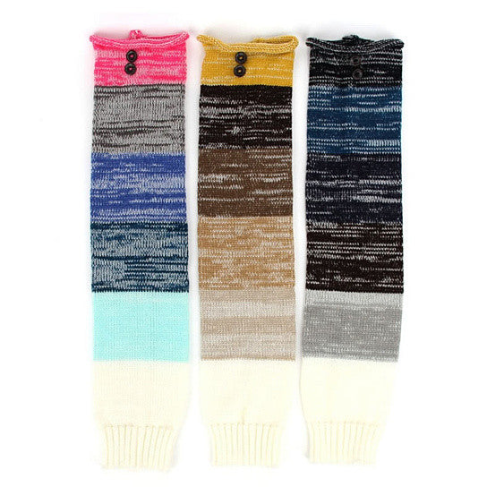 Color-block winter socks set with button cuffs in pink, yellow, and dark navy tones