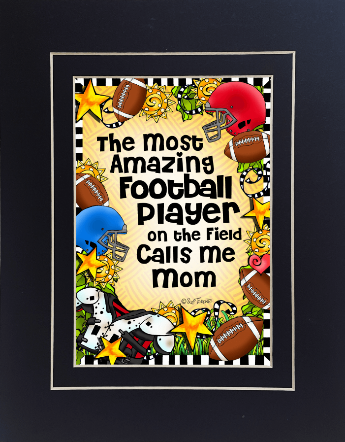 Framed football quote art with red helmet, stars, footballs, and striped border