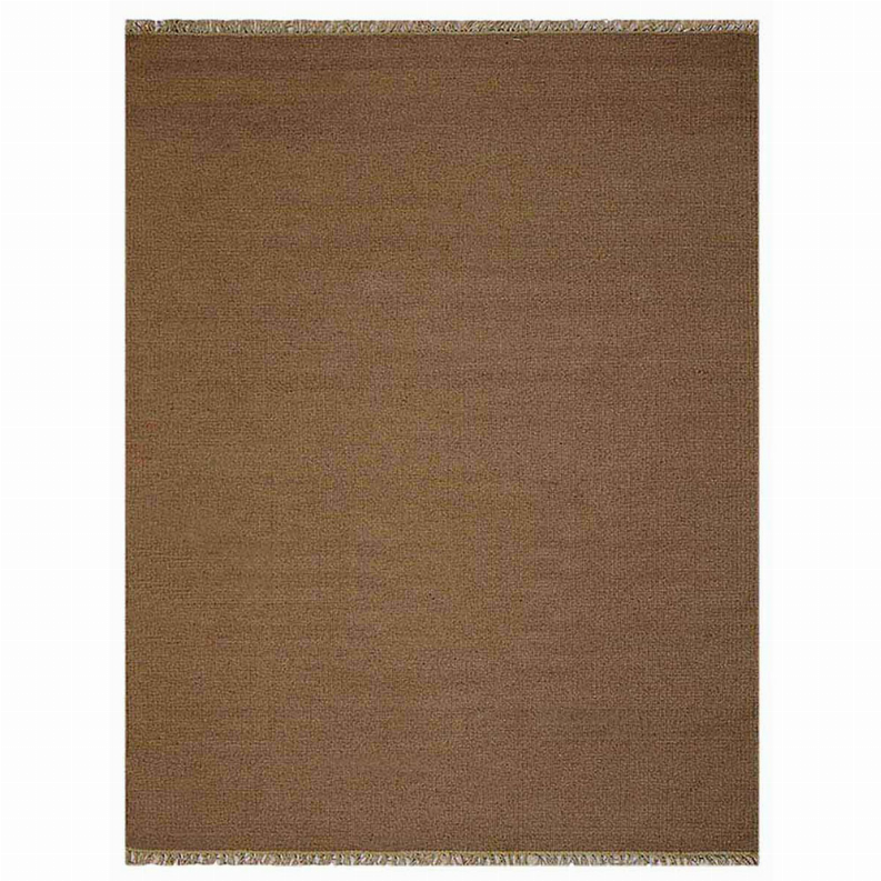 Solid brown flatweave wool rug with cream fringe edge, close-up