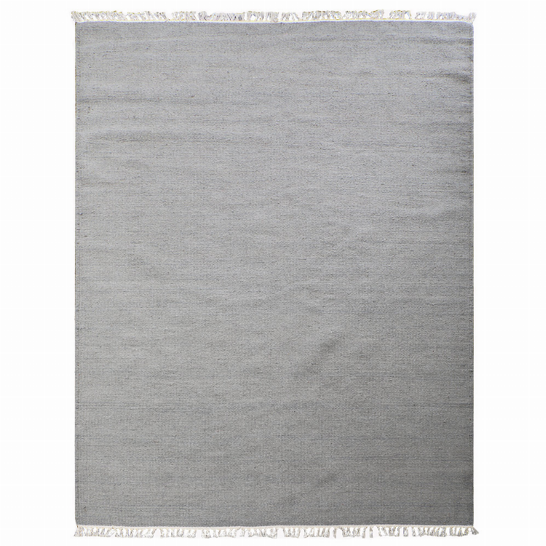 Gray solid flatweave wool rug with cream fringe border, full square view