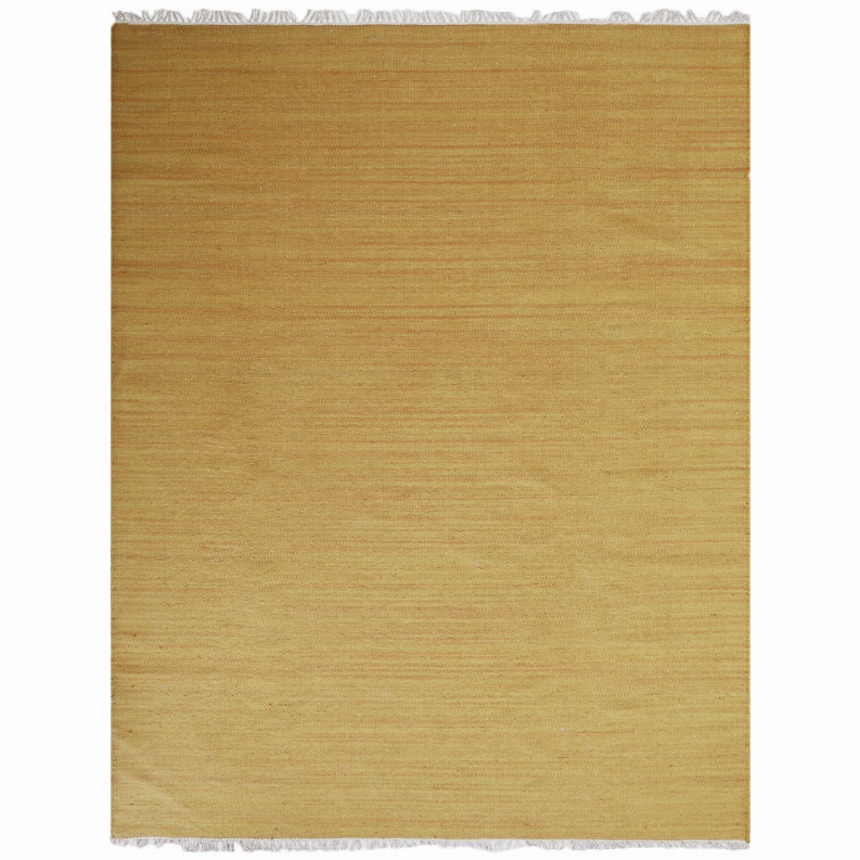 Solid mustard wool kilim area rug, flat woven face with fringed border