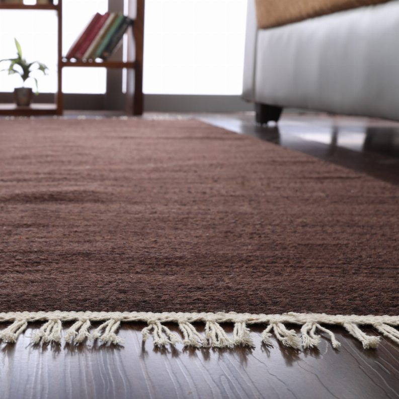 Dark brown area rug with flat woven texture and cream fringe trim along the border.