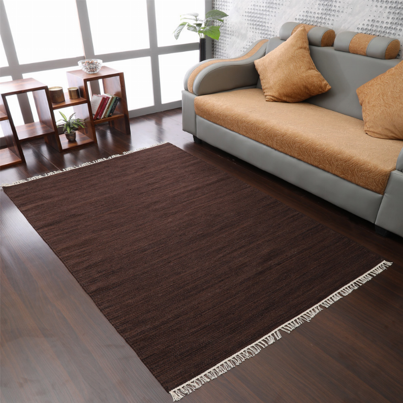 Dark brown wool flatweave rug with light fringe border