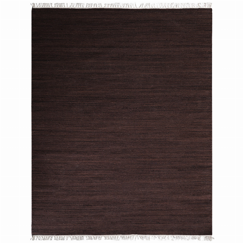 Dark brown wool area rug, flat kilim weave with short light fringe border