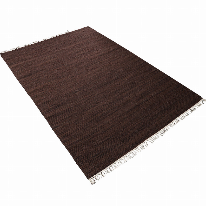 Dark brown wool area rug with flat kilim weave texture and light fringe edges