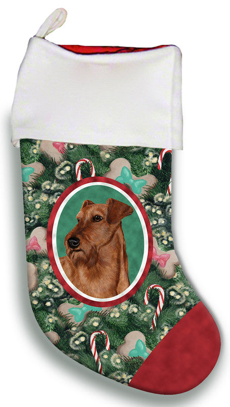 Irish terrier dog portrait Christmas stocking, green pine pattern with red cuff and toe
