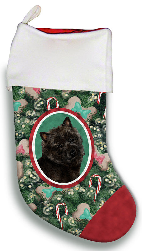 Christmas stocking with Cairn terrier portrait patch, green fabric, red cuff and trim