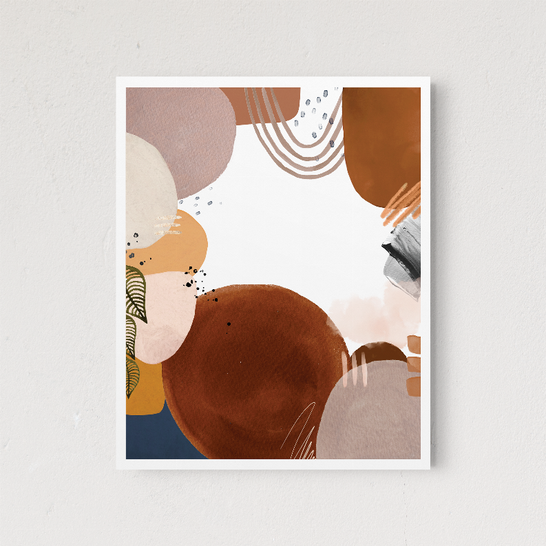 Abstract framed wall art print, full view, warm earth tones and sketchy marks