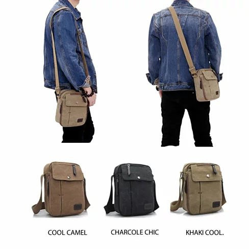 Canvas crossbody bag worn on model in three colors: camel, charcoal, and khaki