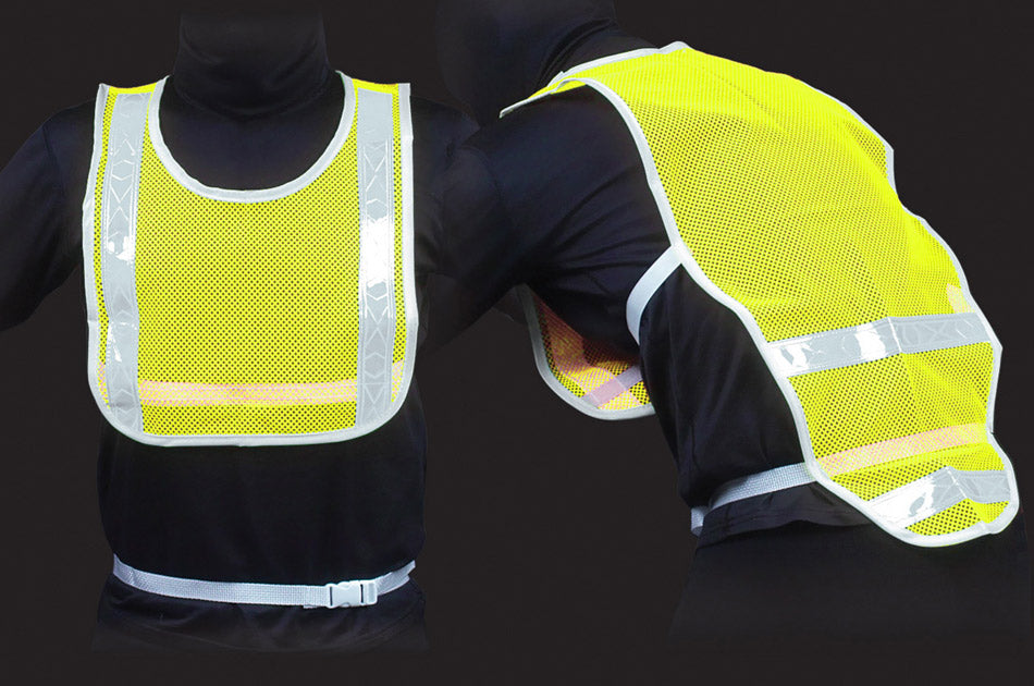 High-visibility reflective cycling vest, neon yellow back with silver stripe reflectors