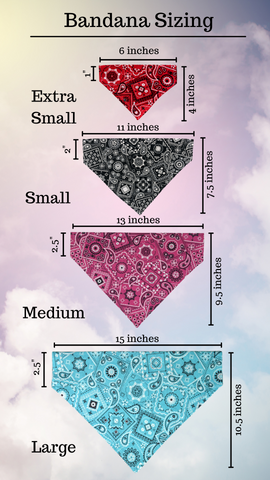 Bandana sizing guide featuring black, red, pink, and blue patterned triangles